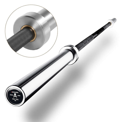 Close-up of a 7ft Olympic weightlifting bar with dual knurling and chrome sleeves, showcasing quality and durability.