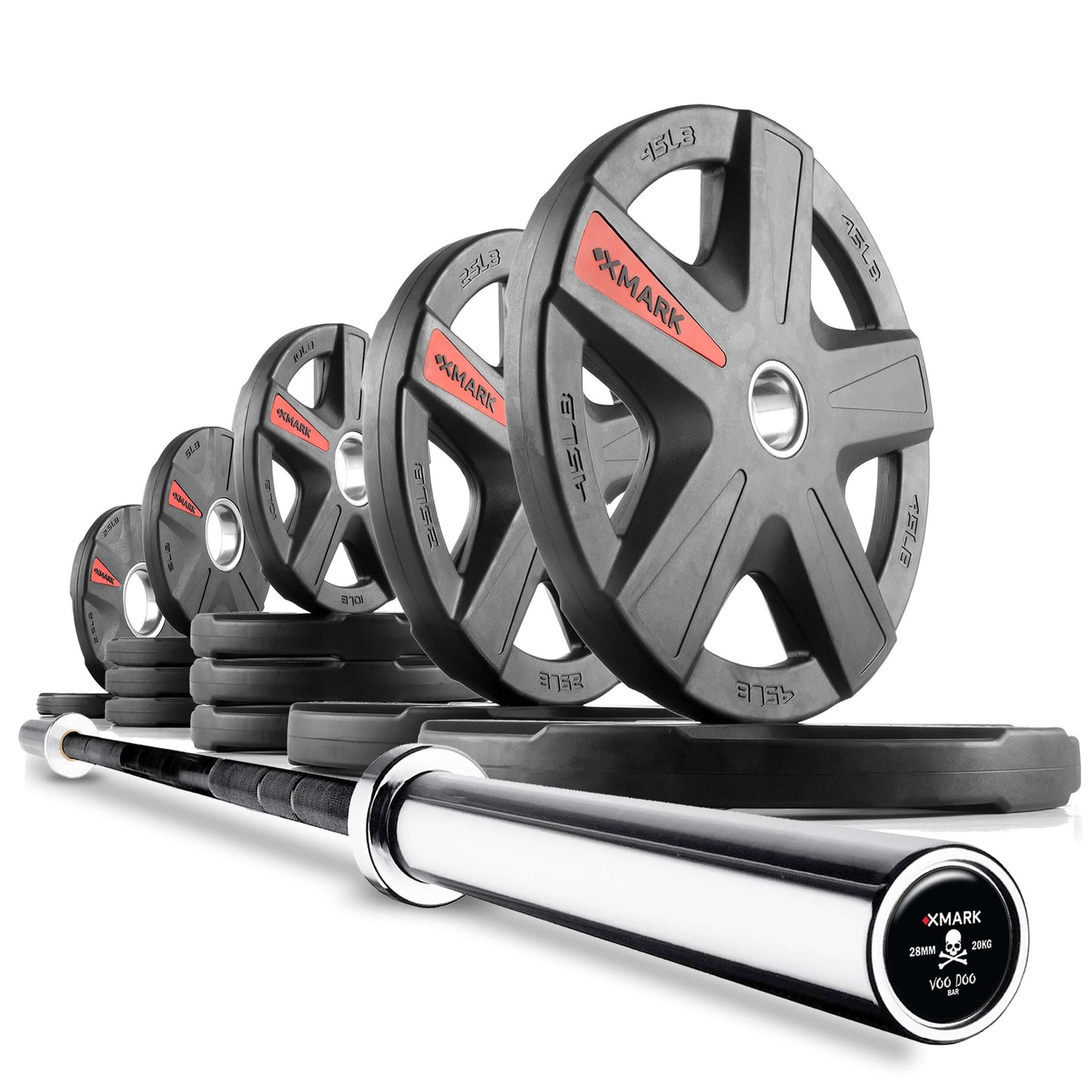 Texas Star Olympic weight plates and barbell set arranged for strength training, highlighting multiple weight options.