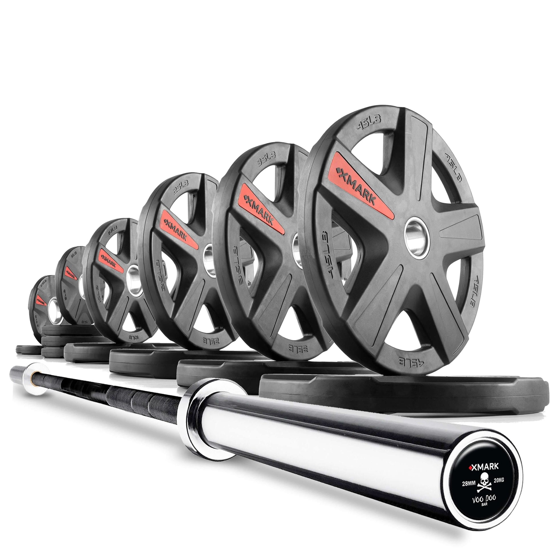 Texas Star Olympic weight plates and barbell set showcasing various weights arranged neatly.