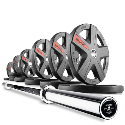 Texas Star Olympic weight plates and barbell set showcasing various weights arranged neatly.