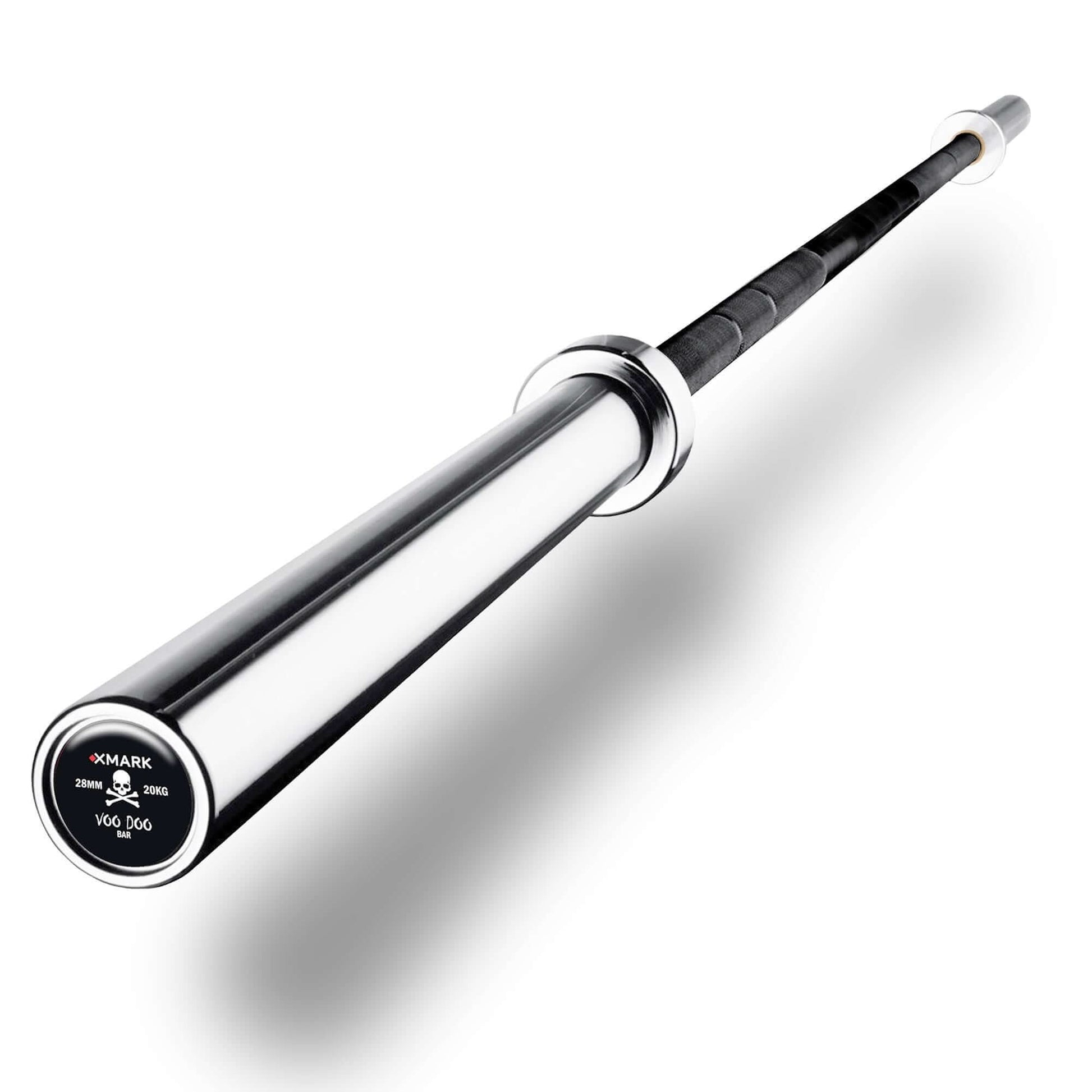 Voodoo 7ft Olympic Weightlifting Bar with black manganese phosphate shaft and chrome sleeves for durability and grip.
