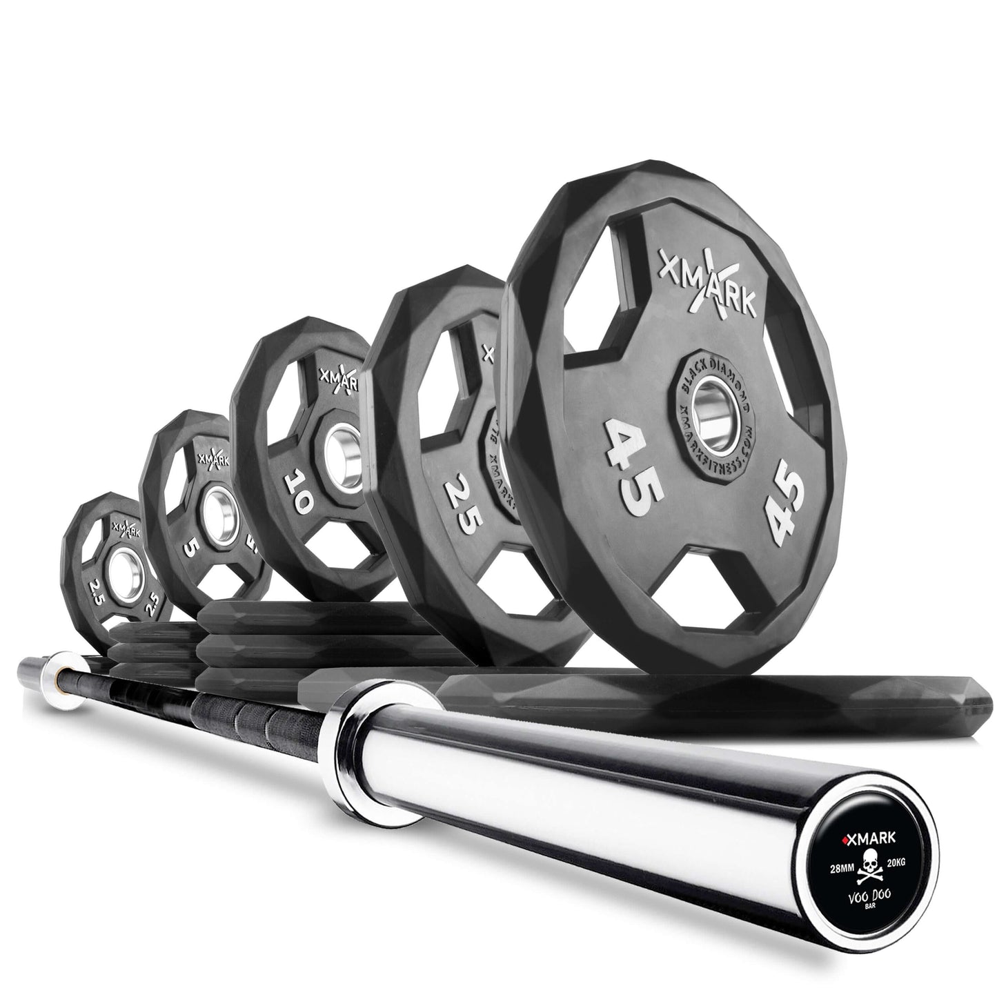 Black Diamond Olympic weight plates ranging from 2.5 to 45 lbs displayed with an Olympic barbell for strength training.