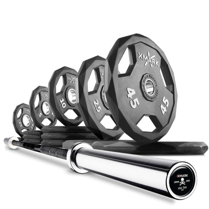 Black Diamond Olympic weight plates ranging from 2.5 to 45 lbs displayed with an Olympic barbell for strength training.