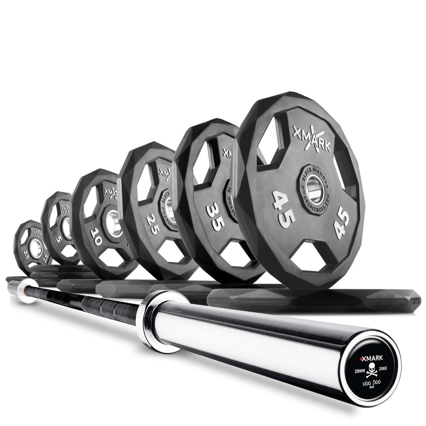 Olympic weight plates in various weights lined up with a shiny Olympic barbell, perfect for strength training and fitness.
