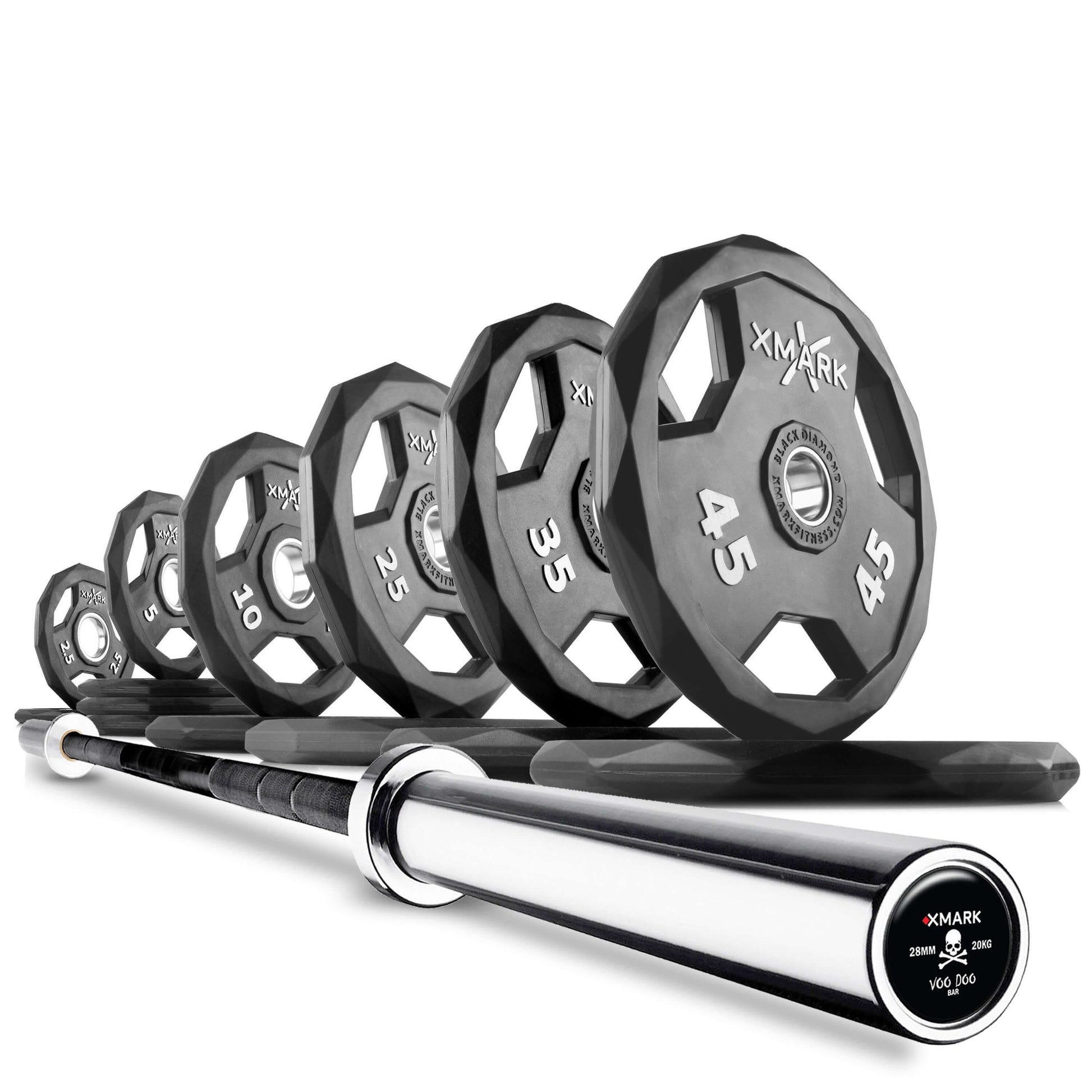 Olympic weight plates in various weights lined up with a shiny Olympic barbell, perfect for strength training and fitness.