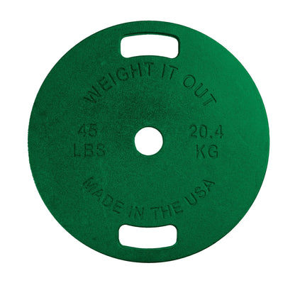 Cast Iron Machined Weight Plate Pairs - front view of 20.4 kg (green finish)