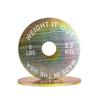 Solid Steel Calibrated Weight Plate Sets - front view 5 lbs (gold finish)