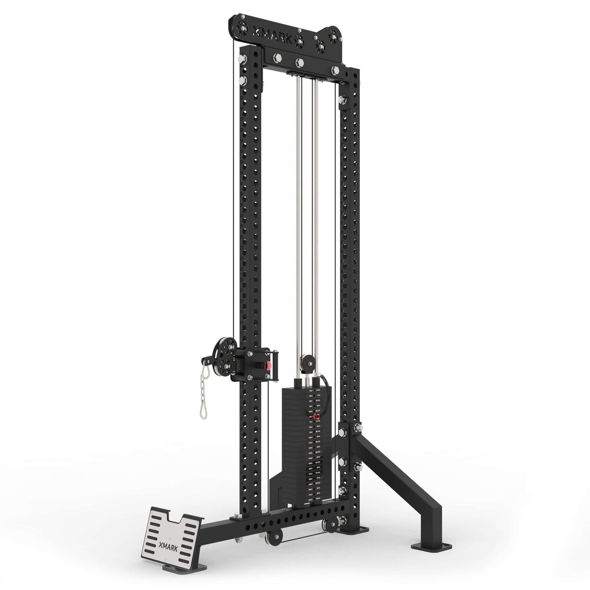 Commercial single-stack functional trainer with low row and cable attachments, featuring a rugged steel frame and 220-pound weight stack.