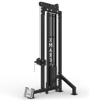 Commercial functional trainer with cable attachments, standing 101 inches tall, featuring a durable matte black finish.