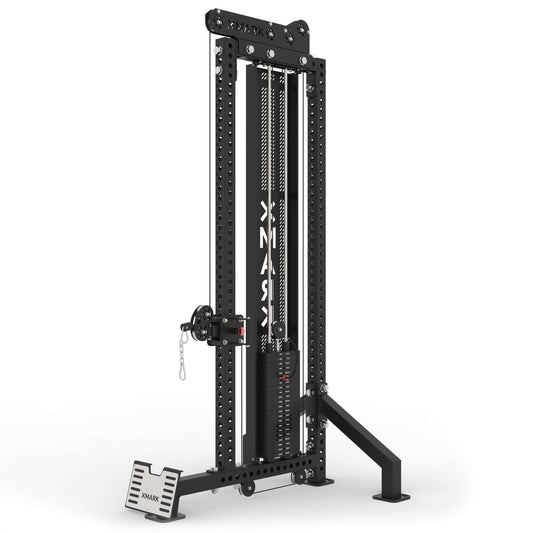 Commercial functional trainer with cable attachments, standing 101 inches tall, featuring a durable matte black finish.