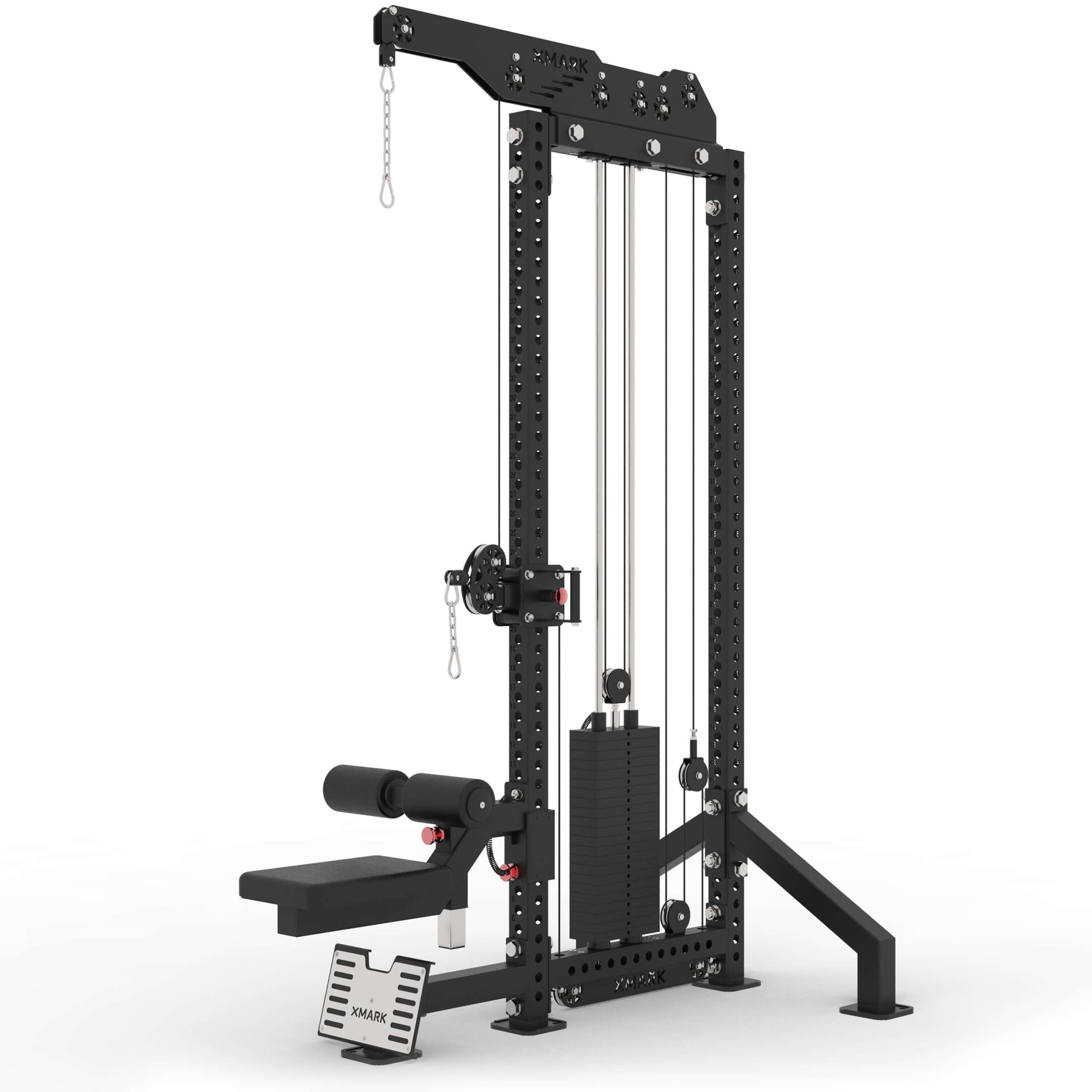 Commercial lat pulldown and low row functional trainer with adjustable height, heavy-duty steel frame, and 220-pound weight stack.
