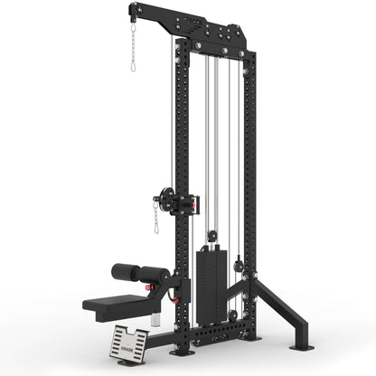 Commercial lat pulldown and low row functional trainer with adjustable height, heavy-duty steel frame, and 220-pound weight stack.