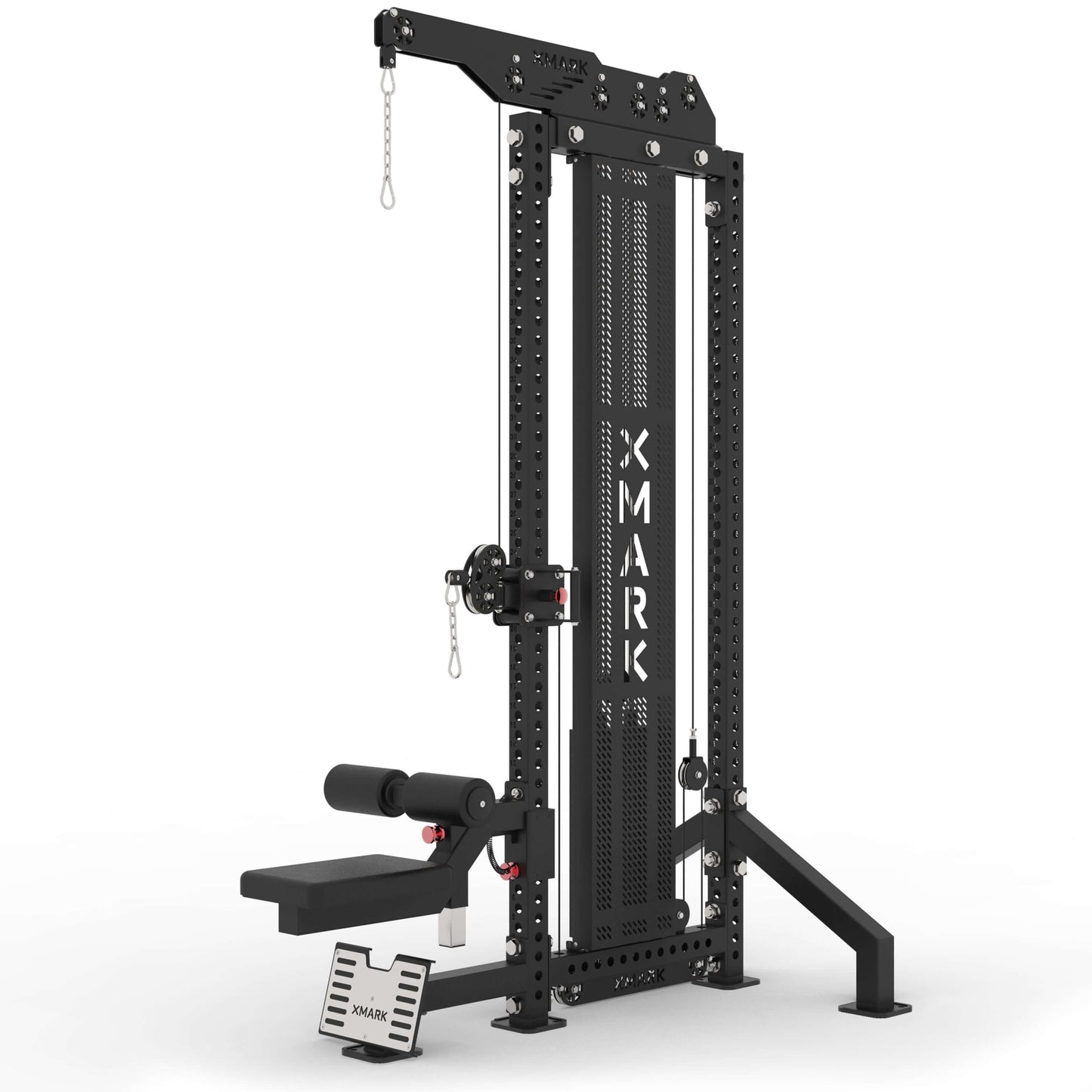 Commercial lat pulldown and low row machine with heavy-duty steel construction and adjustable height features.