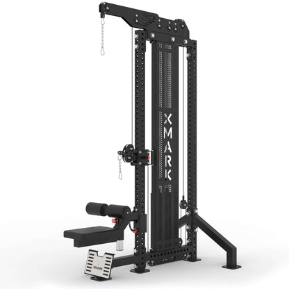 Commercial lat pulldown and low row machine with heavy-duty steel construction and adjustable height features.