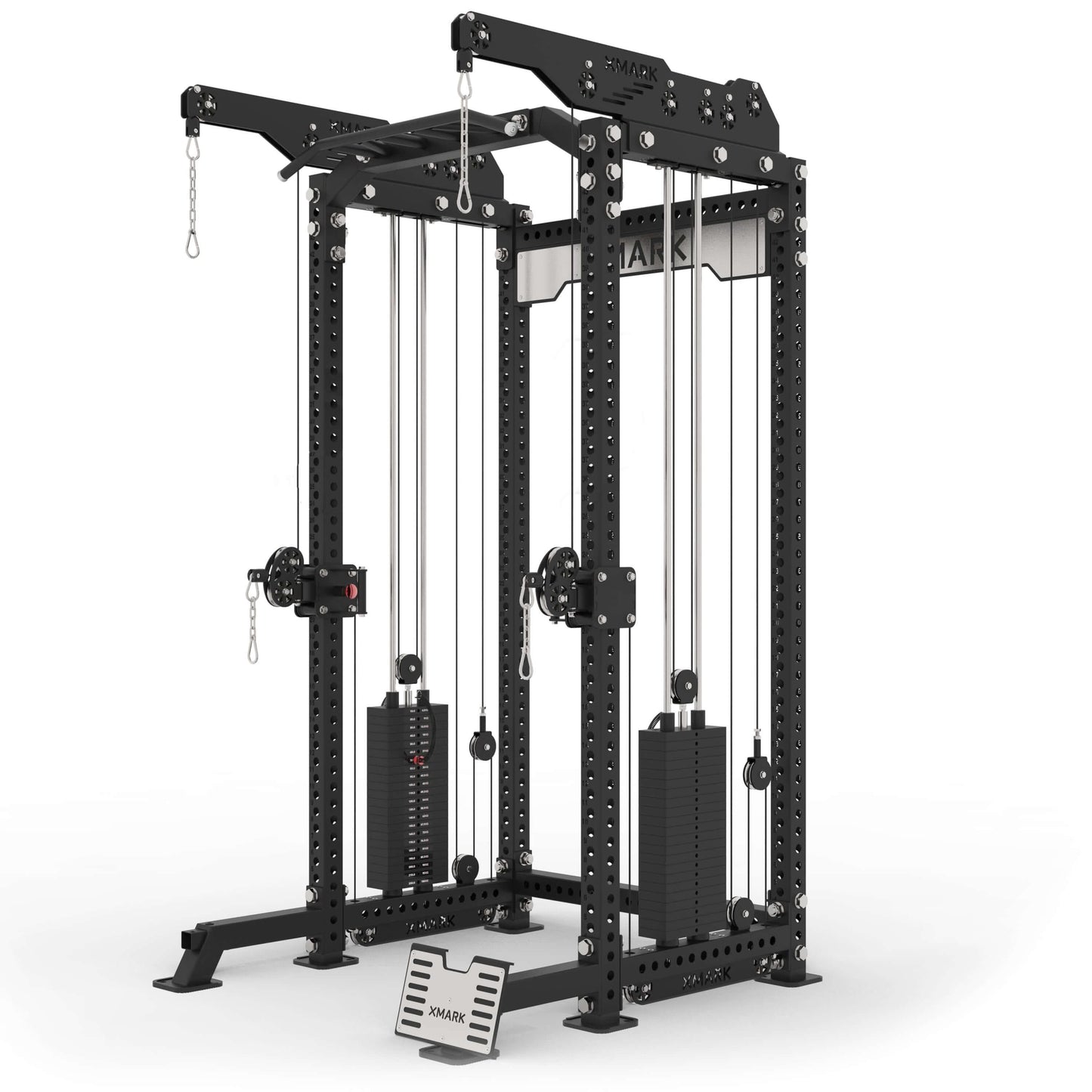 Commercial half rack functional trainer with lat pulldown and low row features adjustable height and durable frame.