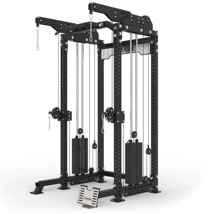 Commercial half rack functional trainer with lat pulldown and low row features adjustable height and durable frame.