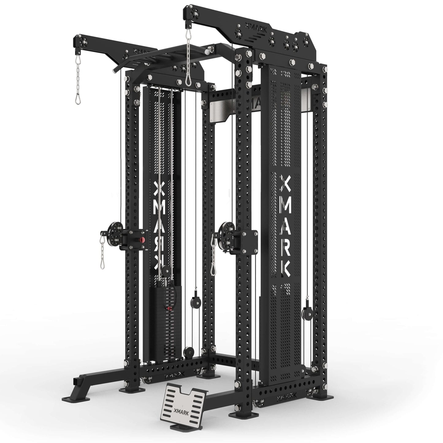 Commercial half rack functional trainer with lat pulldown and low row from XMARK, featuring a durable steel frame and adjustable height.