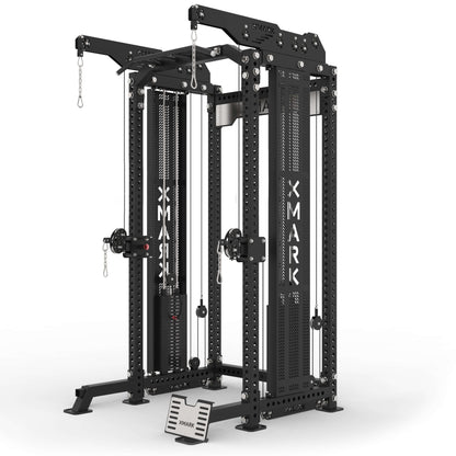 Commercial half rack functional trainer with lat pulldown and low row from XMARK, featuring a durable steel frame and adjustable height.