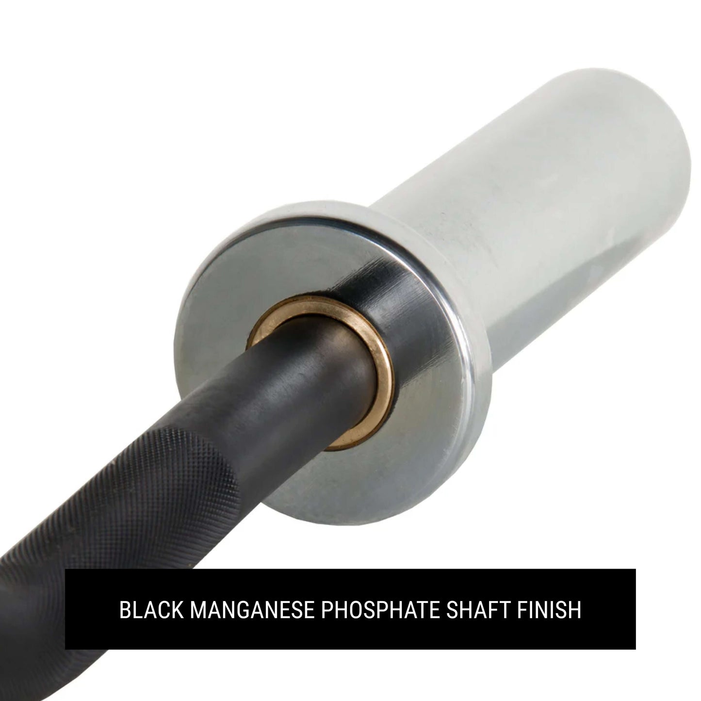 Close-up of a EZ Curl barbell sleeve, showcasing black manganese phosphate shaft finish and brass bushings.