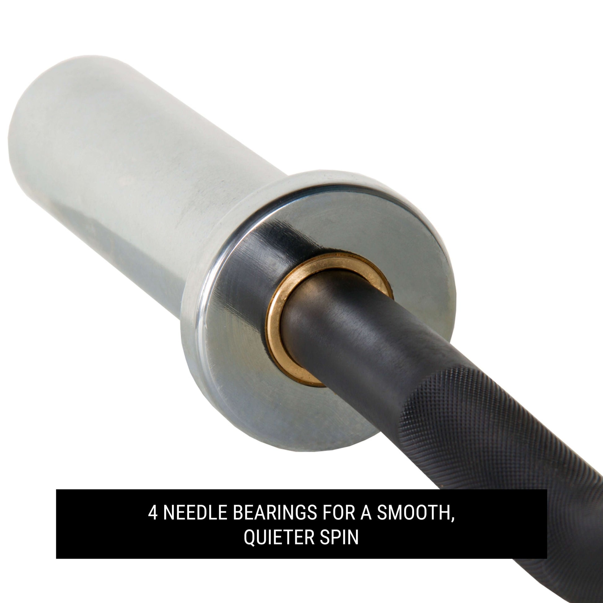 Close-up of the Chisel Olympic EZ Curl barbell's sleeve and needle bearings, promoting smooth and quiet rotation.