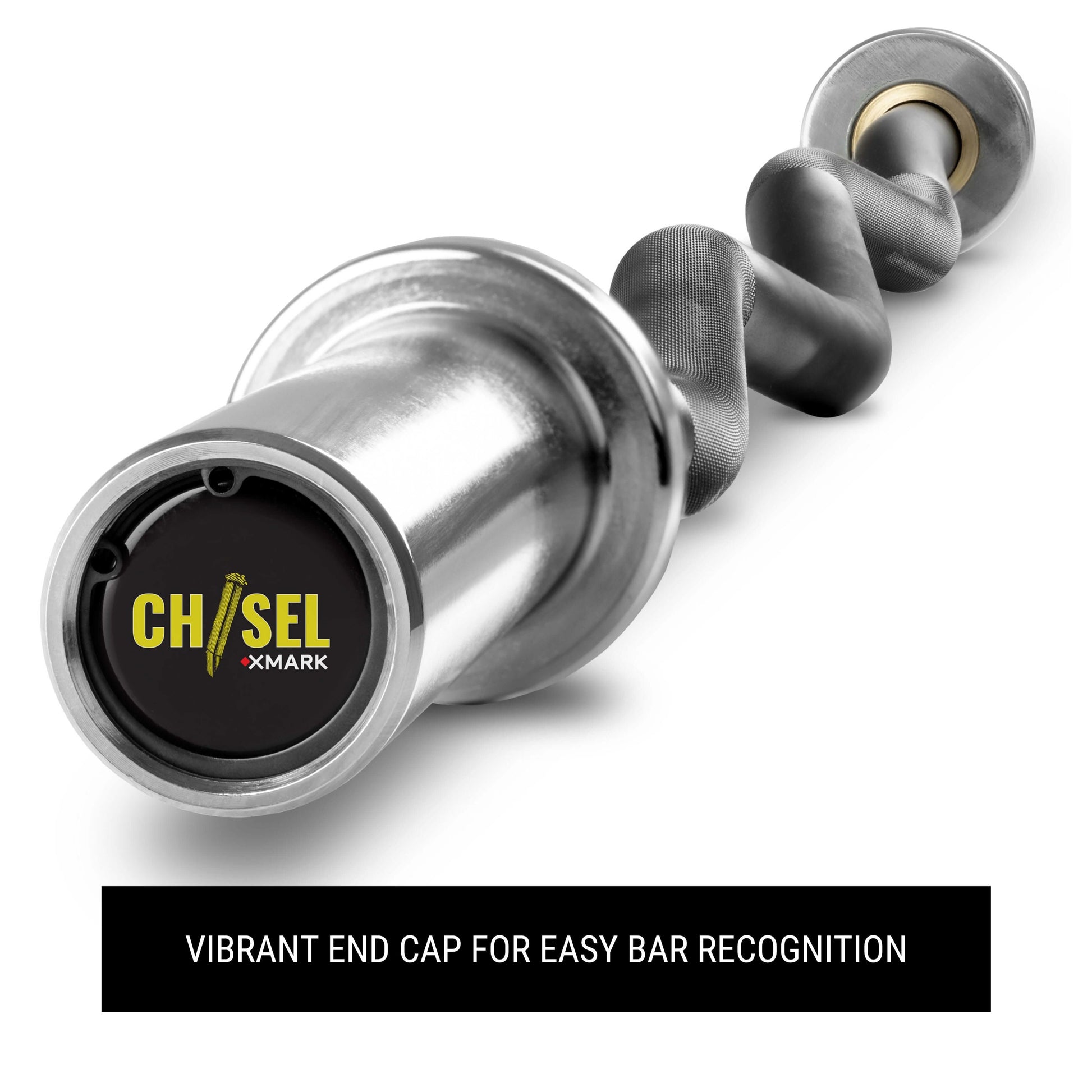 Chisel Olympic EZ Curl barbell end cap showing vibrant design for easy identification and recognition.