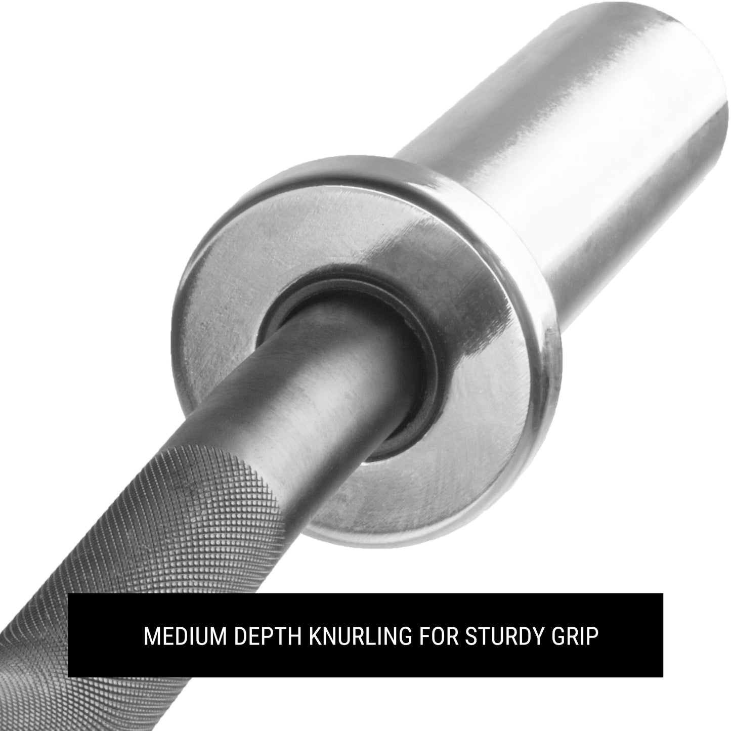 Close-up of a Black EZ Curl Bar showing medium depth knurling for sturdy grip and chrome finish.