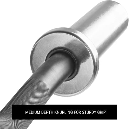 Close-up of a Black EZ Curl Bar showing medium depth knurling for sturdy grip and chrome finish.