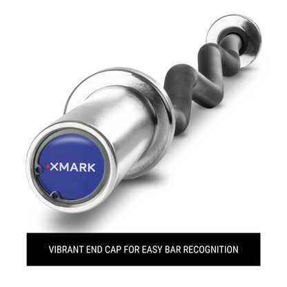 Close-up of XMARK black EZ curl bar end cap, featuring vibrant design for easy identification.