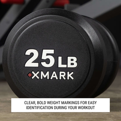 25 lb XMARK round dumbbell with clear weight markings for easy identification during workouts.