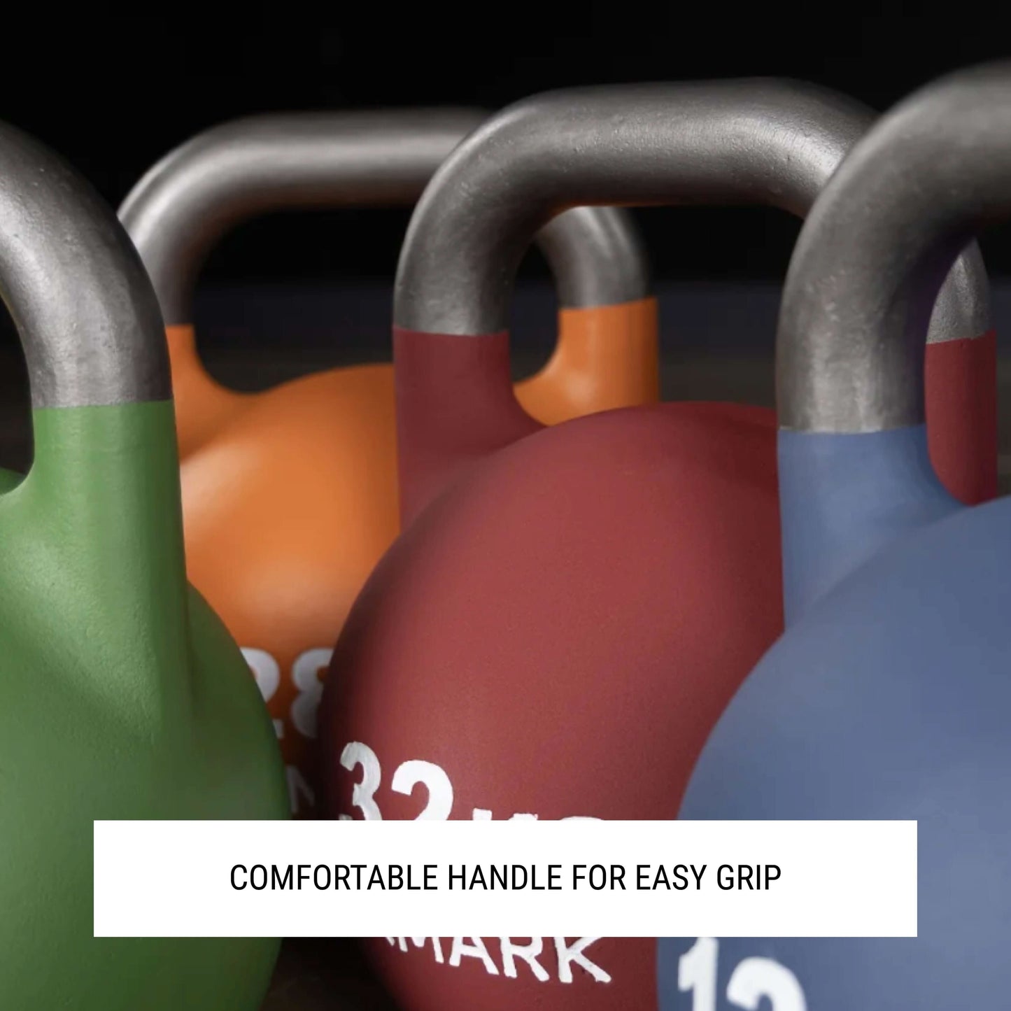 Close-up of competition kettlebells with comfortable handles for easy grip, showcasing vibrant colors and weights.