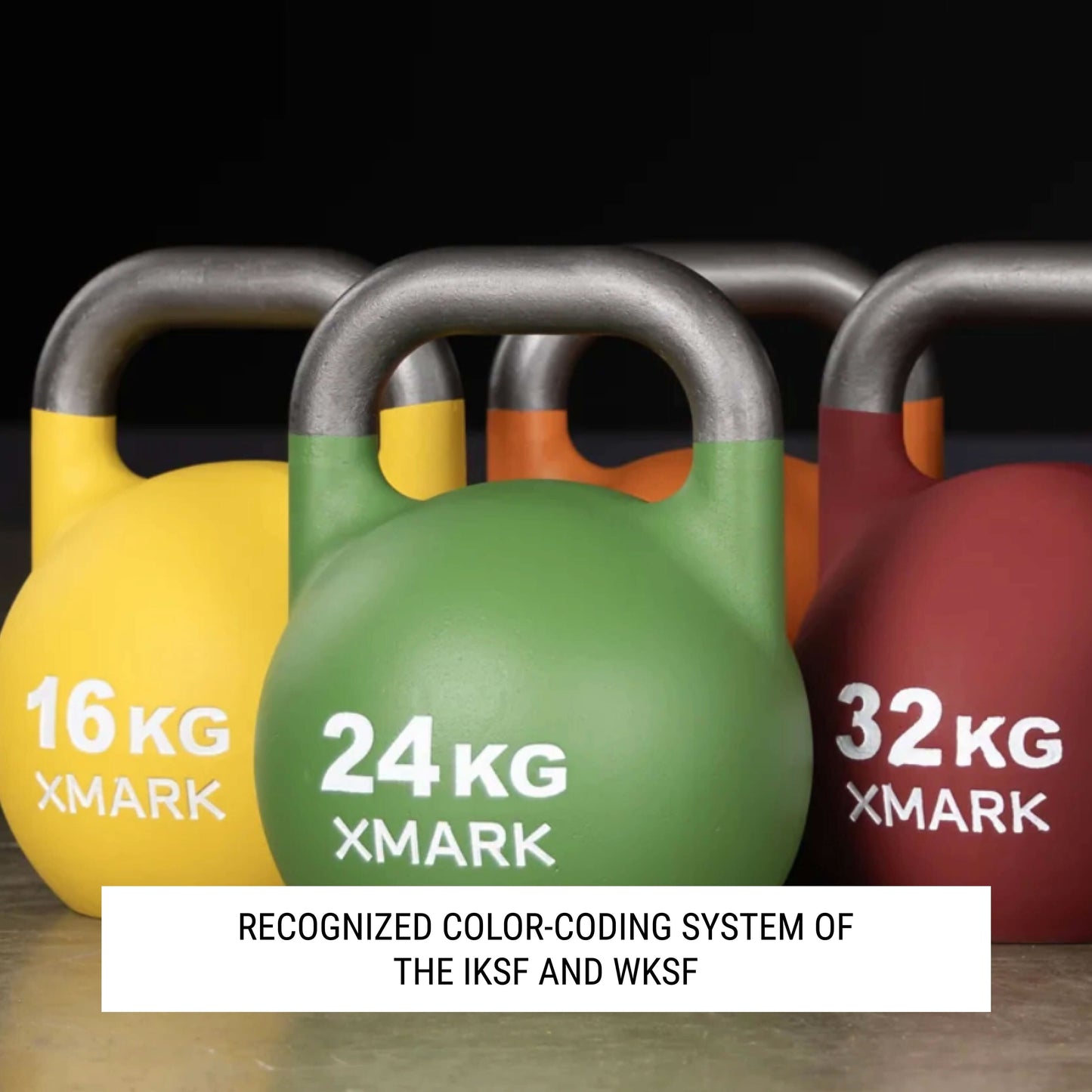 Color-coded competition kettlebells in 16kg, 24kg, and 32kg sizes, showcasing IKSF and WKSF standards.