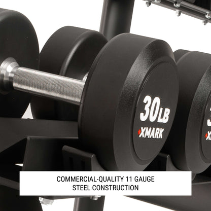 Close-up of a commercial-quality 30 lb dumbbell showcasing rugged steel construction for durability.