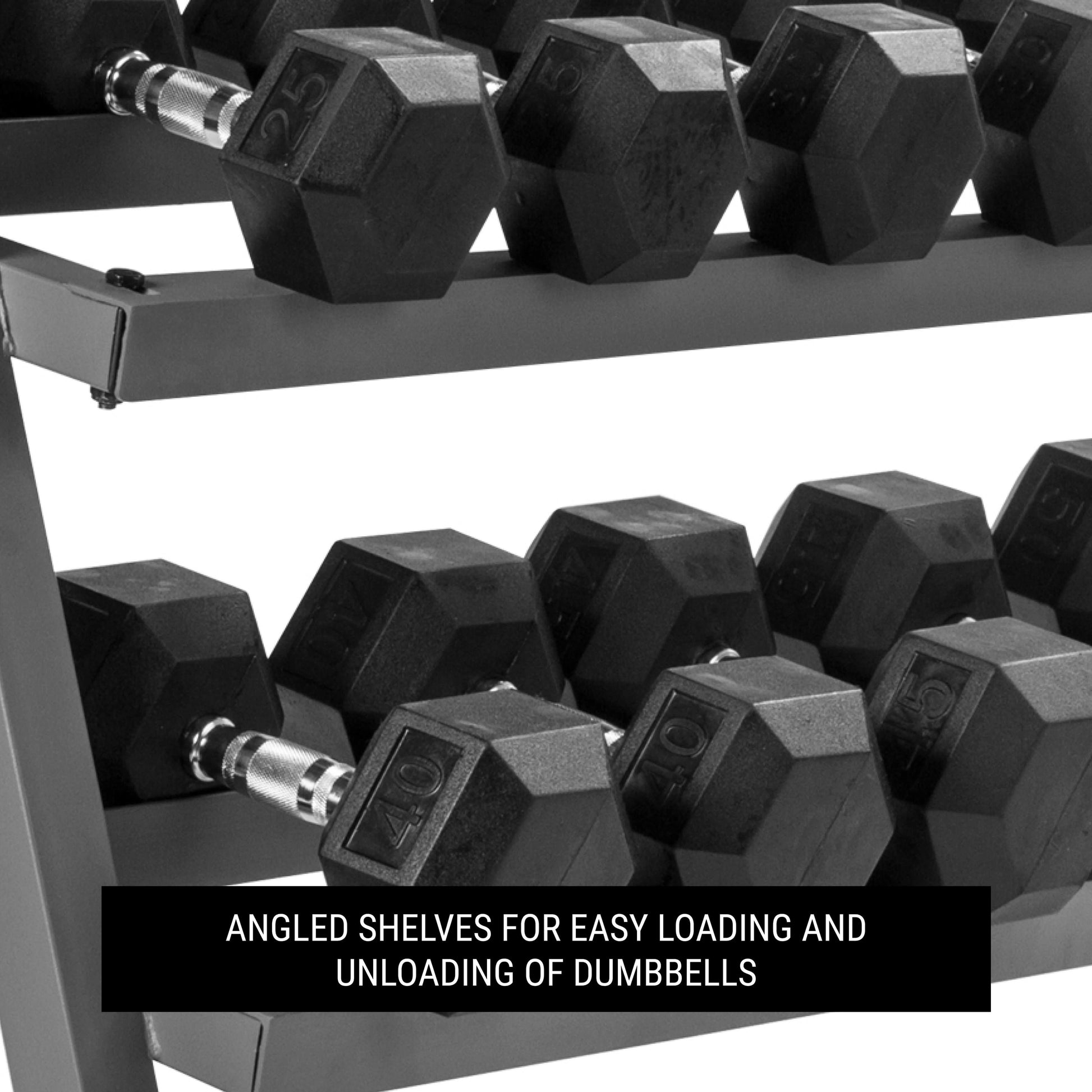 2-tier dumbbell rack with angled shelves for easy loading and unloading of dumbbells, showcasing its sturdy design.