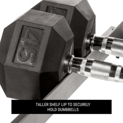 Close-up of dumbbells on a storage shelf, showcasing the taller lip for secure holding.