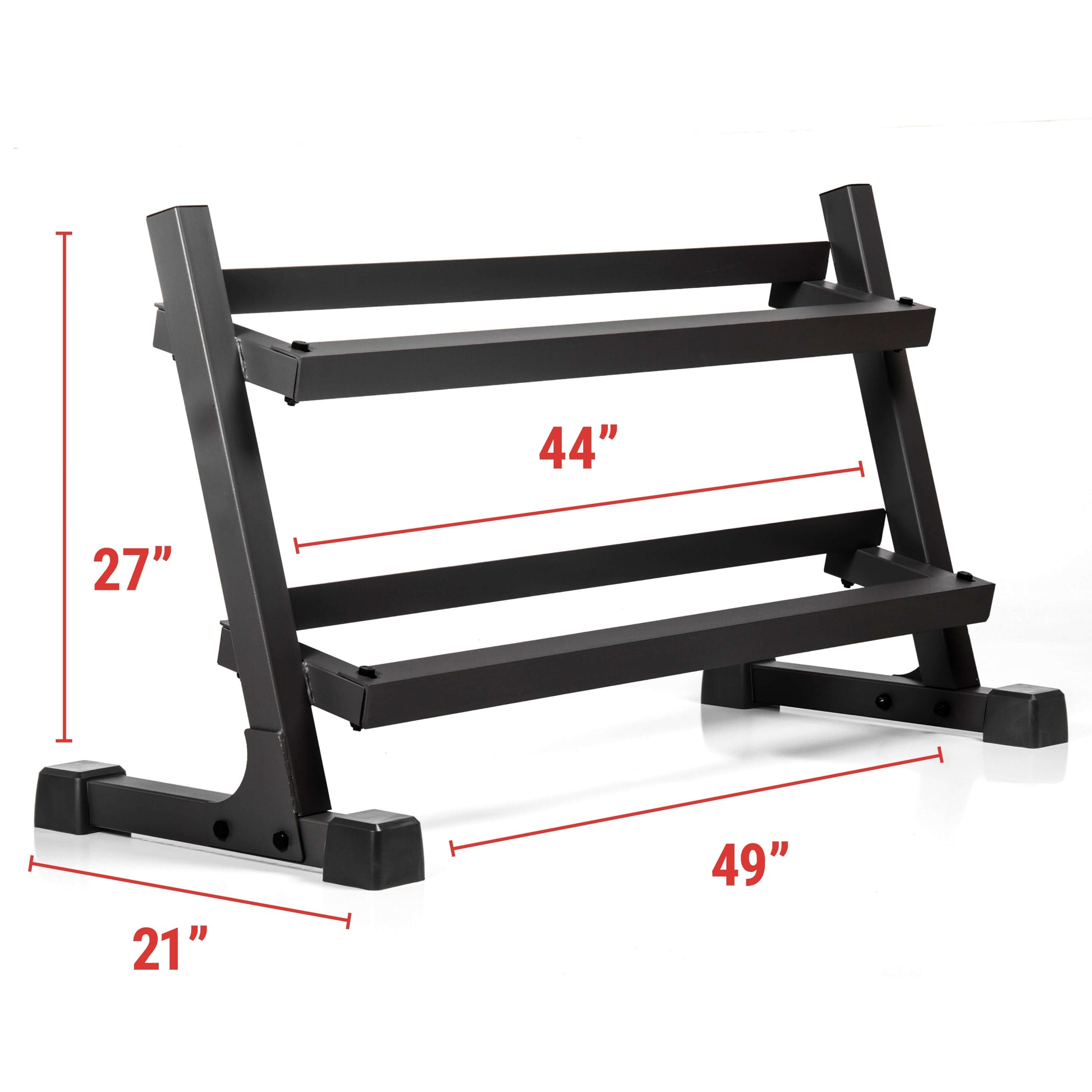 2-Tier dumbbell rack with dimensions 44" (H) x 49" (W) x 21" (D), designed for stability and sleek storage.
