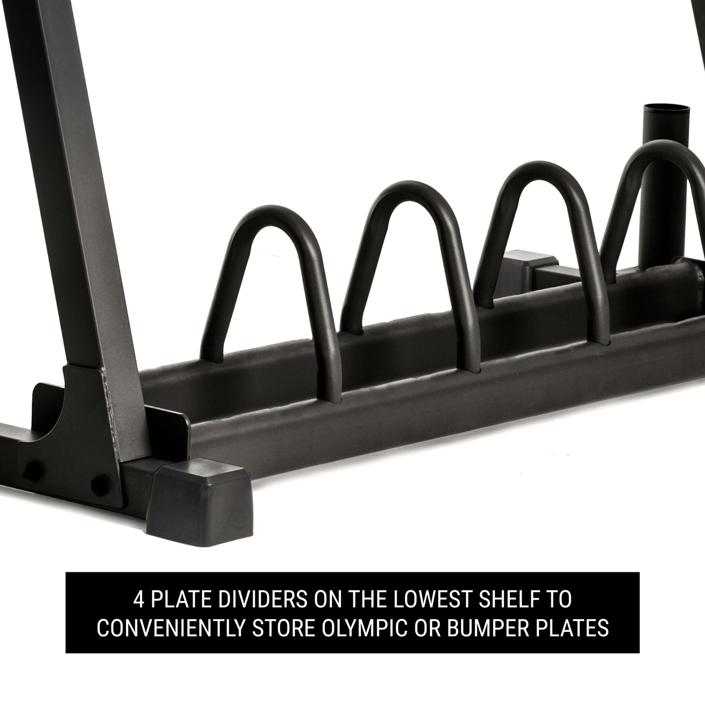 Close-up of storage rack with 4 plate dividers for Olympic or bumper plates, showcasing durability and organizational features.
