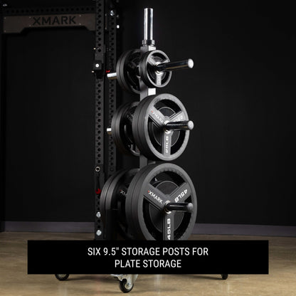 Commercial Olympic weight plate tree with six storage posts for optimal weight plate organization.