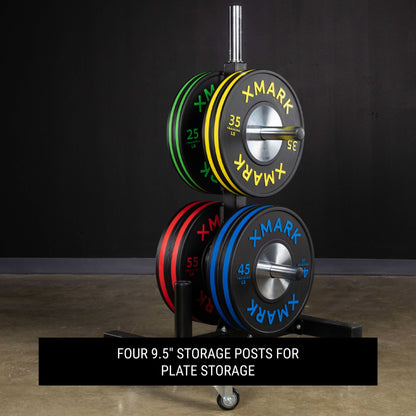 Heavy-duty bumper plate tree with four 9.5" storage posts, featuring colorful cast iron plates for organized gym storage.