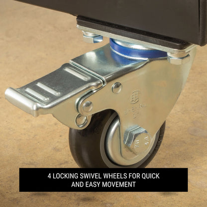 Close-up of a locking swivel wheel on a bumper plate tree, highlighting easy mobility and quick movement.