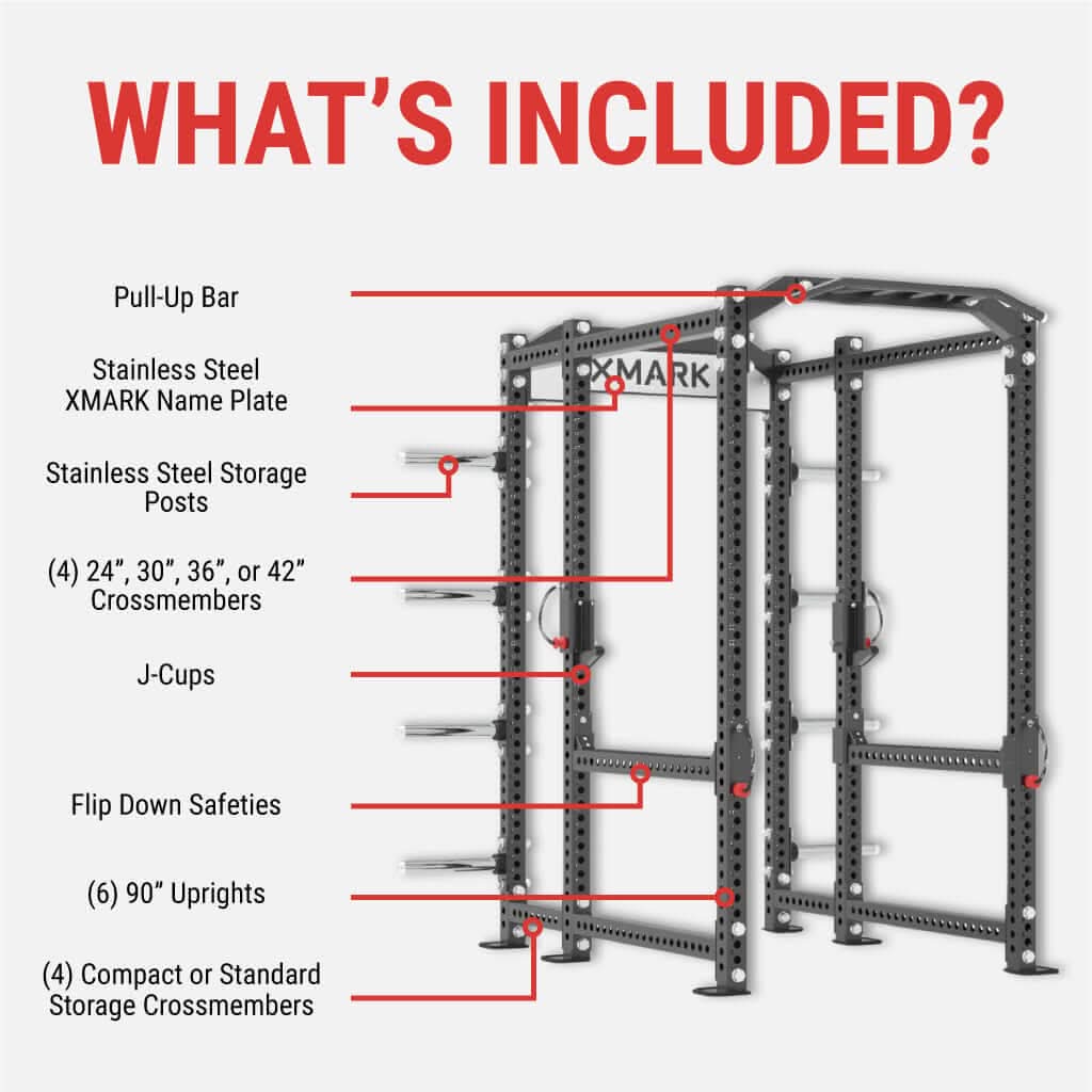 Diagram detailing features of the XMARK Viper Power Rack, including pull-up bar, storage posts, crossmembers, and safeties.