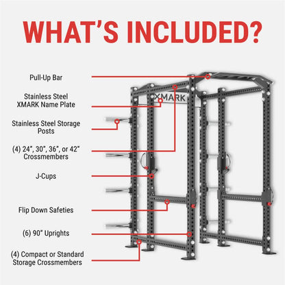 Diagram detailing features of the XMARK Viper Power Rack, including pull-up bar, storage posts, crossmembers, and safeties.