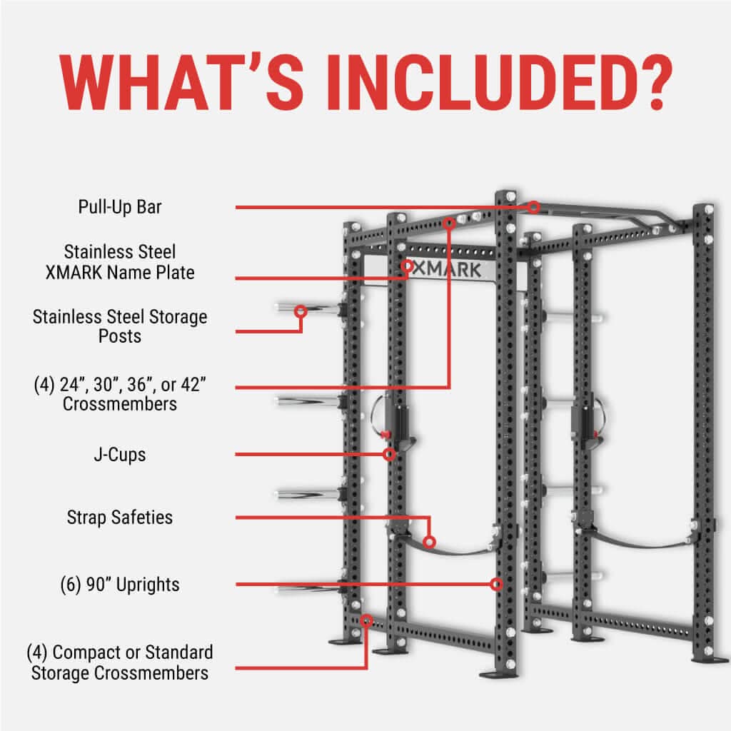 Infographic detailing components of the XMARK Viper Power Rack, including pull-up bar, storage posts, and crossmembers.