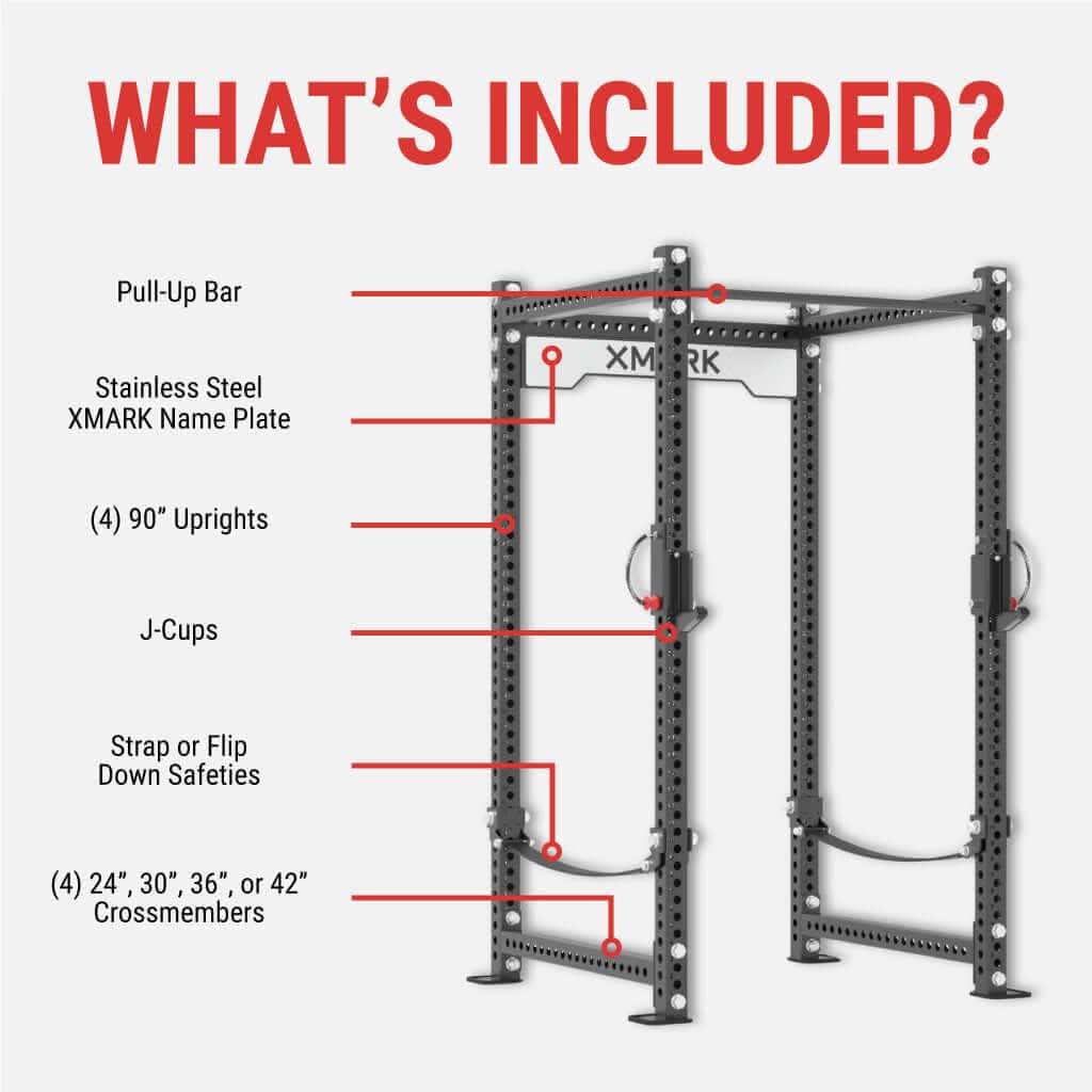Diagram of XMARK Viper Power Rack showing components: pull-up bar, uprights, J-cups, safeties, and crossmembers.