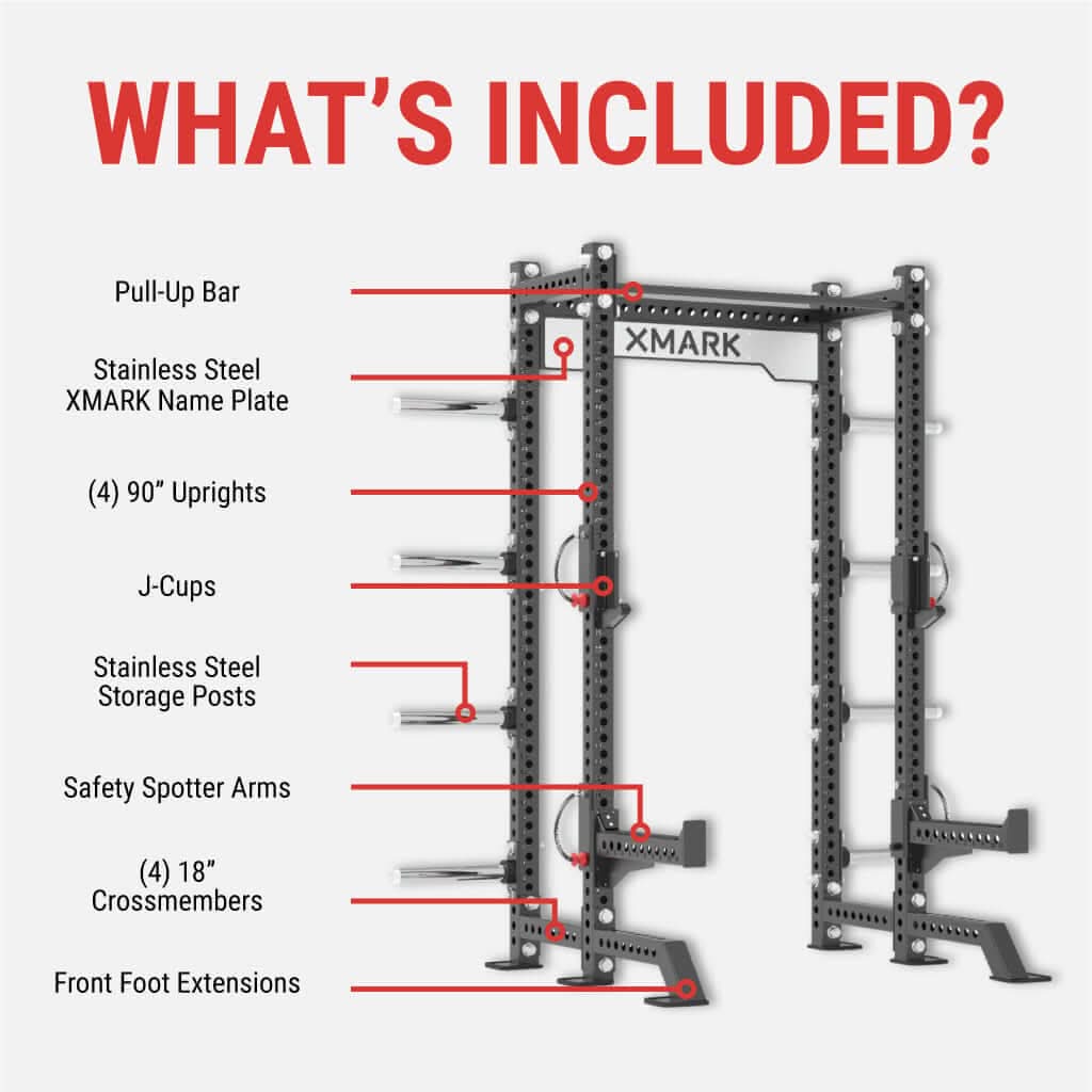 Diagram showing components of the XMARK Viper Half Power Rack, including pull-up bar, uprights, J-cups, and more.