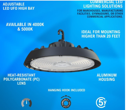 LED UFO High Bay Light, 150W/125W/100W, CCT4000K/5000K, 21,000 Lumens, 120-277 VAC