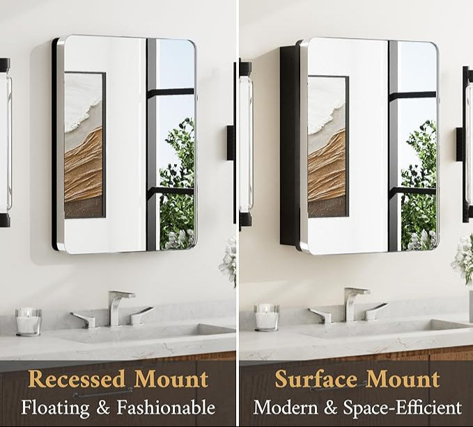 Chrome Medicine Cabinet with Mirror – 24"x32" Stainless Steel Frame - Wall Mounted or Recessed Installation - HD Shatterproof Glass