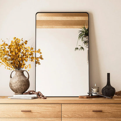 Black Round Corner Metal Frame Mirror – Adjustable Shelves – Surface or Recessed Mount
