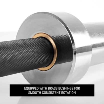 Close-up of a Blacksmith EZ Curl Bar showing brass bushings for smooth rotation and textured grip.