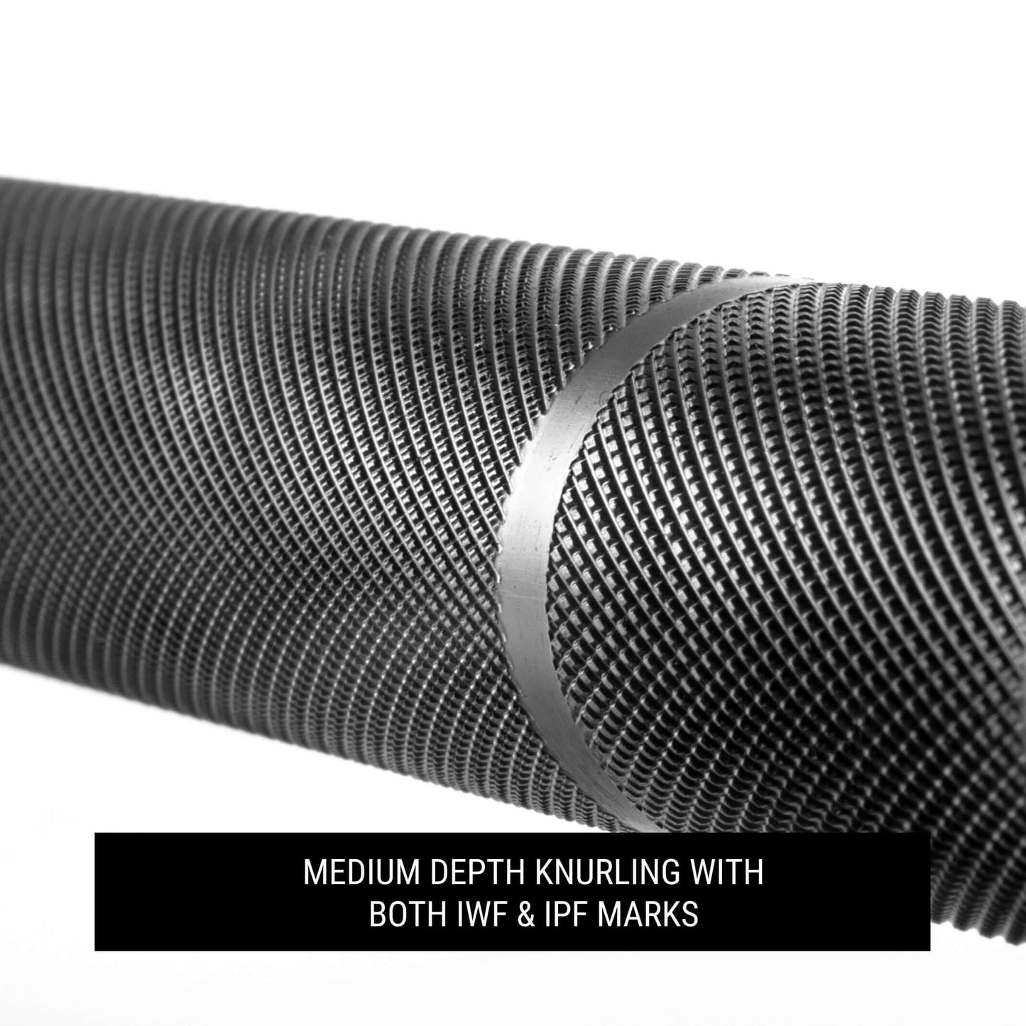 Close-up of a barbell shaft showcasing medium depth knurling with IWF and IPF marking for optimal grip.