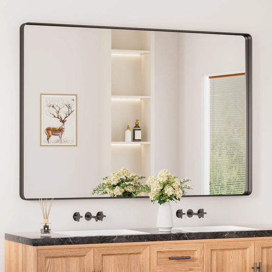 Black Hard Corner Thin Frame Metal Mirror – Modern Minimalist Wall-Mounted Bathroom - Bedroom - and Entryway Mirror